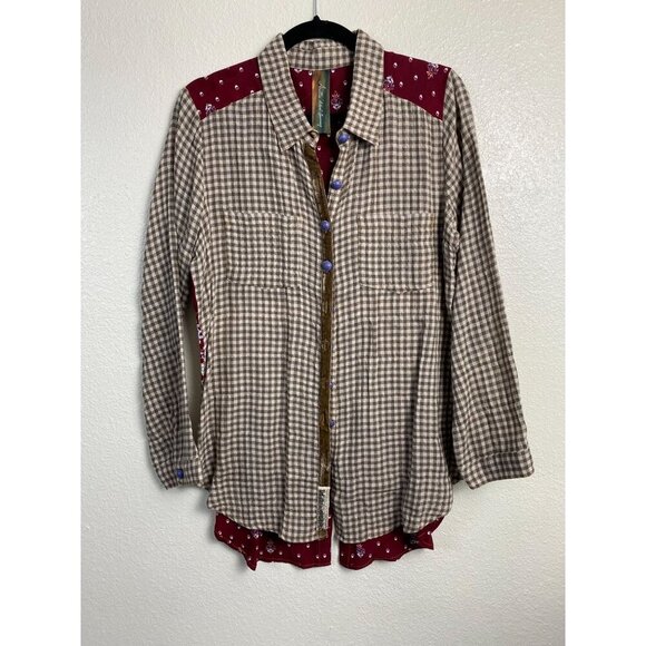 Aratta Silent Journey Anastasia Tunic Embroidered Floral Top Women Medium Plaid - Picture 2 of 16